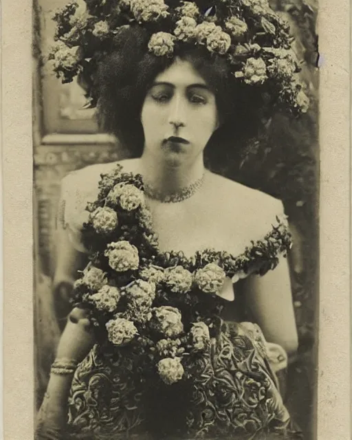 Prompt: a beautiful detailed front view portrait of marge simpson with baroque ornate growing around, flowers, plants, ornamentation, elegant, beautifully soft and dramatic lit, 1 9 1 0 polaroid photo