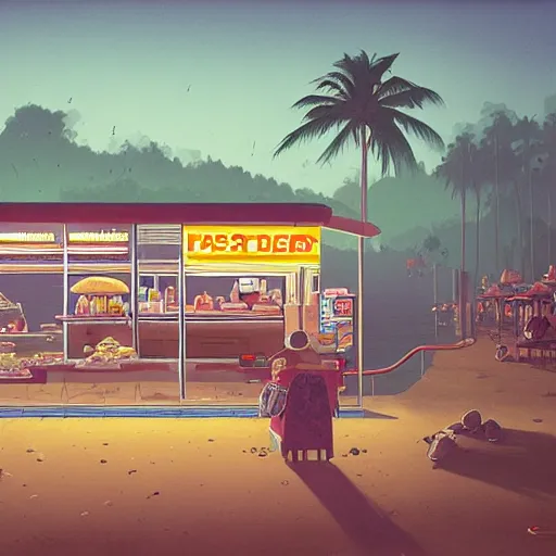 Image similar to fast food counter by the beach by simon stalenhag