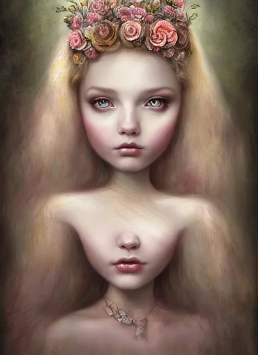 Image similar to portrait of an fairytale princess, beautiful face, hyper realistic, highly detailed, digital painting, artstation, illustration, concept art by nicoletta ceccoli and mark ryden, digital paint, matte paint, washed colors, eating cakes, dark, gloomy, foggy