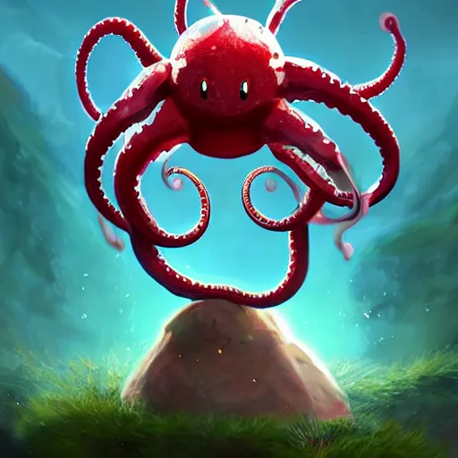 Image similar to a cute beautiful stone - type pokemon with beautiful happy smile, red tentacles bursting out of his hair, full body portrait, highly detailed digital art, 3 d perspective, award - winning illustration, aesthetic, smooth, pokemon style, made by greg rutkowski, with an alien landscape in the background