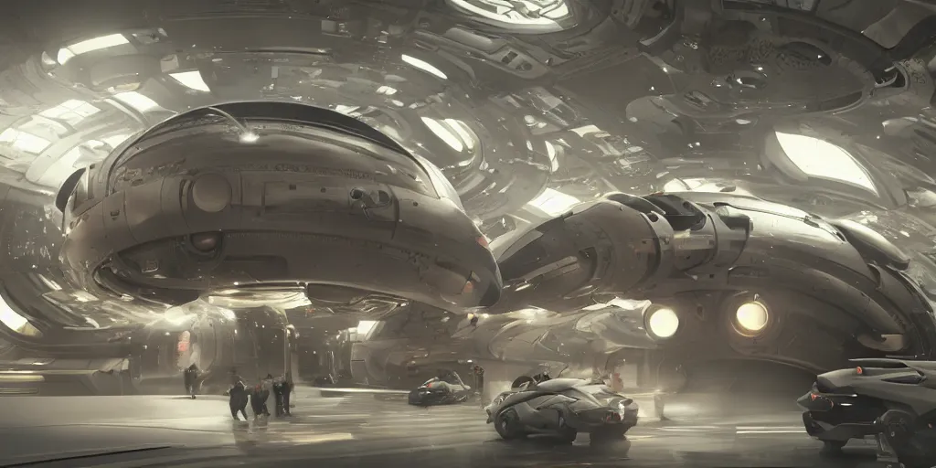 Image similar to cinematic movie scene, 200mm wide shot, precise architectural rendering, beautiful Product shot film still of a futuristic detailed pig themed battle-armored space ship with bright headlights in a busy futuristic spaceport filled with people, motion, hard surface modeling, volumetric soft lighting, style of Stanley Kubrick cinematography, 8k H 768