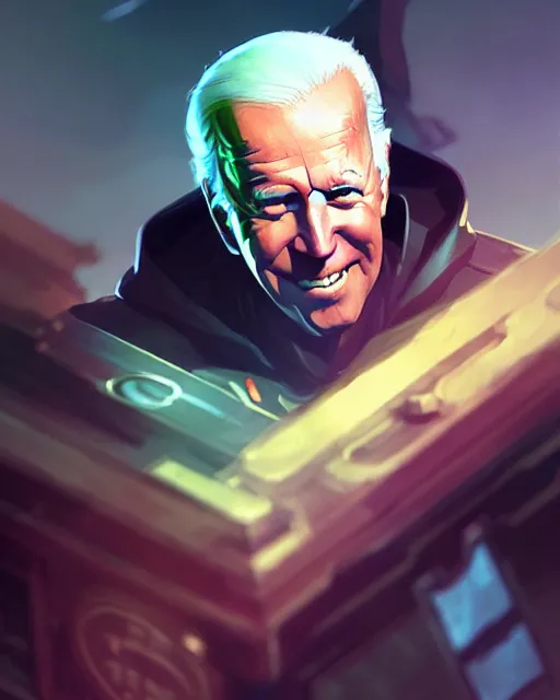 Prompt: joe biden as a league of legends champion, medium shot close up, details, sharp focus, illustration, by jordan grimmer and greg rutkowski, trending artstation, digital art