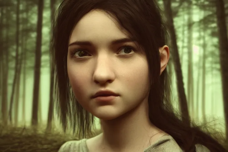 Image similar to a cinematic shot of a young woman with dark hair holds a baby in a dark, foggy forest, octane render, nvidia raytracing demo, closeup, masterpiece