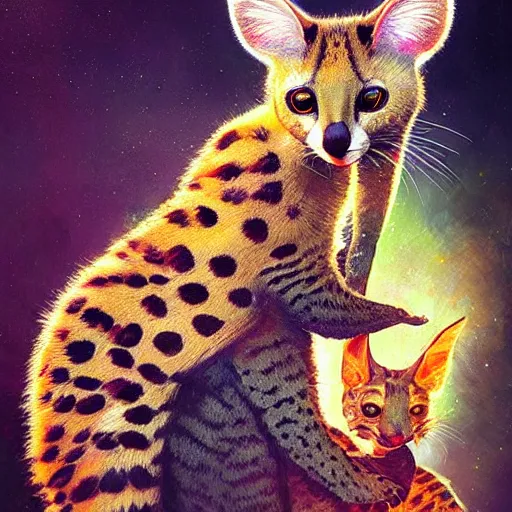 Prompt: serval cat being hugged by a koala, digital illustration portrait design, by android jones and greg rutkowski, retrowave color scheme, detailed, cinematic lighting, wide angle action dynamic portrait