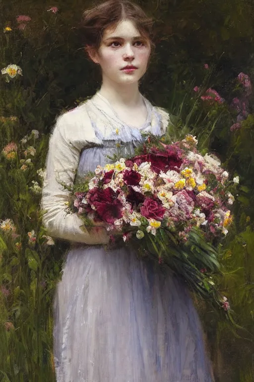 Prompt: Richard Schmid and Jeremy Lipking full length portrait painting of a young beautiful edwardian girl hold a large bouquet of flowers