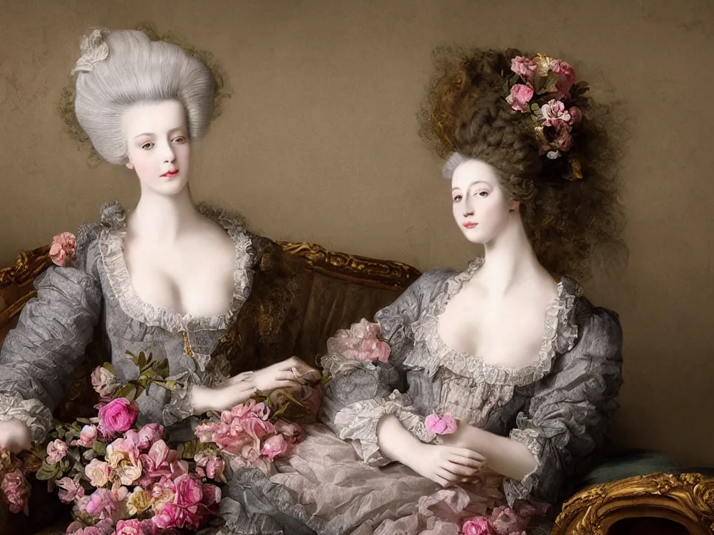 Image similar to digital art, marie antoinette beautiful young woman with baroque wig with flowers laying on couch,