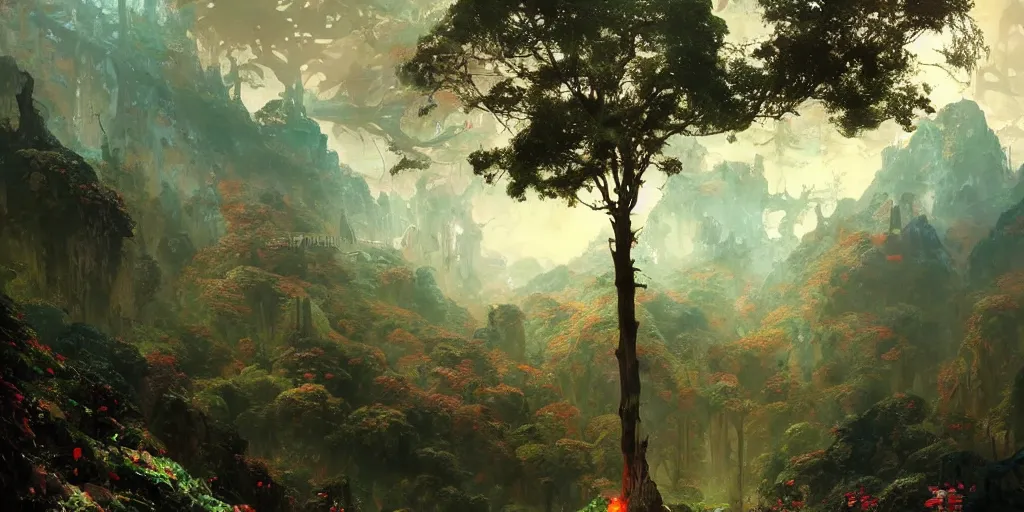 Prompt: beautiful metallic landscape metal forests trees made of metal mountains rivers red and green glossy leaves many layers waterfalls half moon villages castles, buildings artstation illustration sharp focus sunlit vista painted by ruan jia raymond swanland lawrence alma tadema zdzislaw beksinski norman rockwell tom lovell alex malveda greg staples