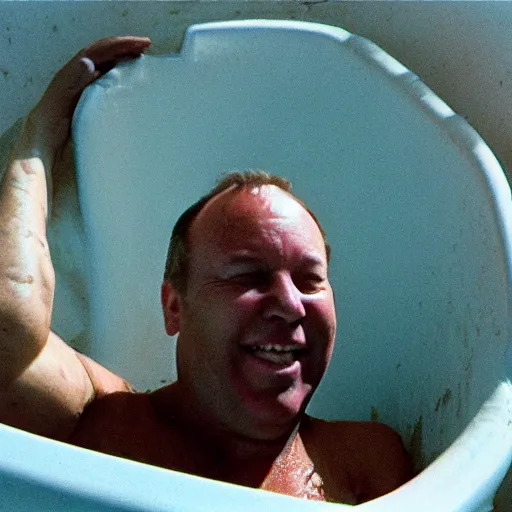 Image similar to CRT surveillence footage of a 50-year-old Alex Jones swimming inside of a filthy giant sized toilet filled with raw sewage, alex jones is gargling the sewage and smiling with an evil grin