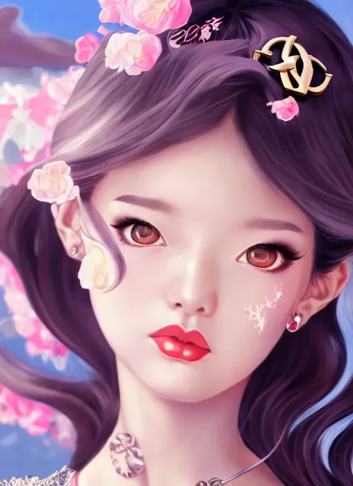 Image similar to a pin up and beautiful fashion dreamlke japan girl with lv jewelry, character art, art by artgerm, wlop, loish, hyperdetailed, 8 k realistic, symmetrical, global illumination, radiant light, frostbite 3 engine, cryengine, dof, trending on artstation, digital art, chanel, dior, detailed background