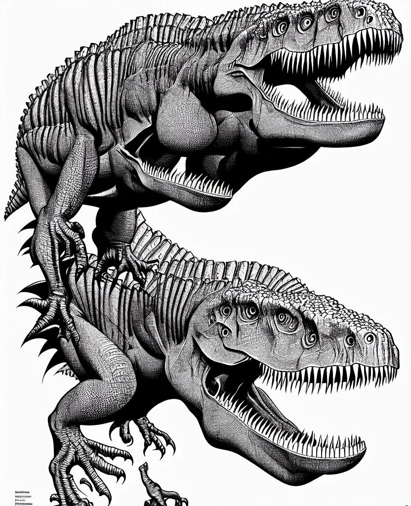 Prompt: tyrannosaurus rex, symmetrical, accurate, simple clean lines, black and white, coloring book, comic book, graphic art, line art, vector art, by martina matteucci, pavel shvedov, peter lundqvist, diane ramic, christina kritkou, artstation