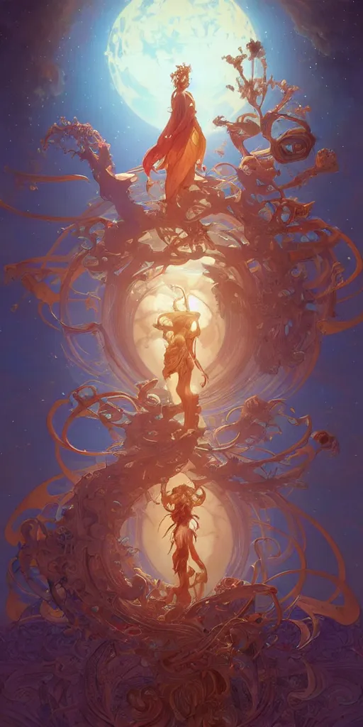 Image similar to pan-dimensional omnipotent beings, intricate, highly detailed, digital painting, artstation, concept art, smooth, sharp focus, illustration, Unreal Engine 5, 8K, art by artgerm and greg rutkowski and alphonse mucha, by Jesper Ejsing, by RHADS, Makoto Shinkai and Lois van baarle, ilya kuvshinov, rossdraws