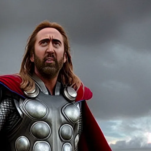 Prompt: film still of Nic Cage as Thor in Thor Love and Thunder