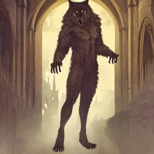 Image similar to werewolf in the city lviv church of st. elizabeth, portrait, highly detailed, full body, digital painting, trending on artstation, concept art, sharp focus, illustration, art by artgerm and greg rutkowski and magali villeneuve