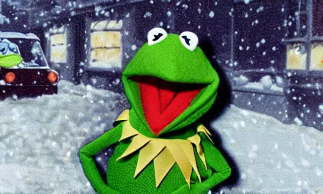 Image similar to kermit the frog as a weather reporter in a snow storm from new york he is wearing a brown parka, television static, 90s television