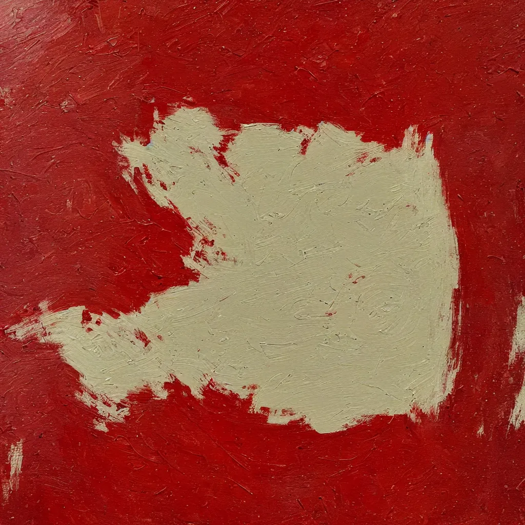 Image similar to thick creamy impasto, white thick heavy brush marks on a dark red background, on top of this are pale olive impasto brush marks and on top of that vermillion brush marks - i