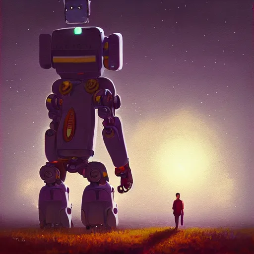 Prompt: sentinel robot picking up flower surreal photography, dark night, stars, moon light, impressionist painting, clouds, digital painting, artstation, simon stalenhag