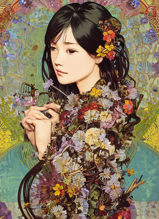 Image similar to !!! very coherent!!! oil painting, beautiful floralpunk iban bio mechanical portrait girl female illustration detailed patterns art of sarawak traditional dress, flower pop art, floral splash painting, art by ashley wood, alphonse mucha, makoto shinkai, geof darrow, dark shadow