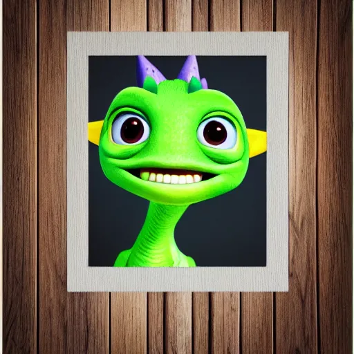 Image similar to cute little dragon baby, portrait, pixar style, wood background