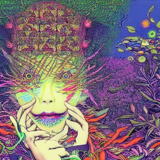 Image similar to A beautiful composition of a psychedelic glowing spirit animal psychonaut floating above a hedge maze, DMT, rich details full of texture, realistic eyes, artwork by Satoshi Kon and Yoshitaka Amano and Moebius