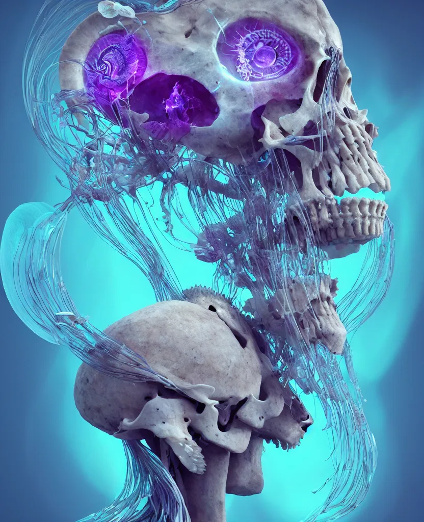 Image similar to goddess close-up portrait ram skull, thorax, x-ray, backbone, jellyfish phoenix head, nautilus, orchid, skull, betta fish, bioluminiscent creatures, intricate artwork by Tooth Wu and wlop and beeple. octane render, trending on artstation, greg rutkowski very coherent symmetrical artwork. cinematic, hyper realism, high detail, octane render, 8k