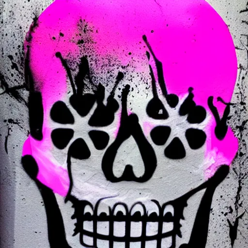 Image similar to a pink cartoon skull spray painted on a black background with dripping pink spray paint, three fourths view, graffiti, black background!!!!!