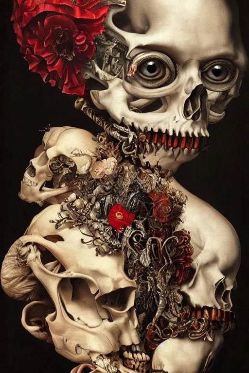 Prompt: Detailed maximalist portrait with large lips and with large, wide eyes, sad expression, extra bones, flesh, HD mixed media, 3D collage, highly detailed and intricate, surreal, illustration in the style of Caravaggio, dark art, baroque