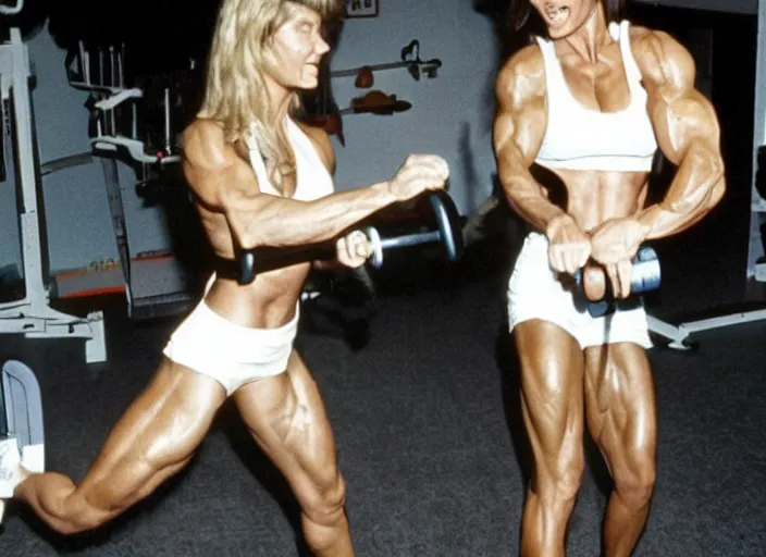 Prompt: Photos from the 80's. A muscular woman is working out in the gym.