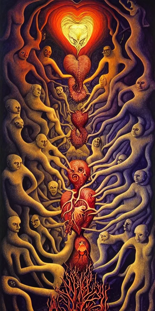 Image similar to mythical creatures and monsters in the visceral anatomical human heart imaginal realm of the collective unconscious, in a dark surreal mixed media oil painting by johfra, mc escher and ronny khalil, dramatic lighting from inner fire