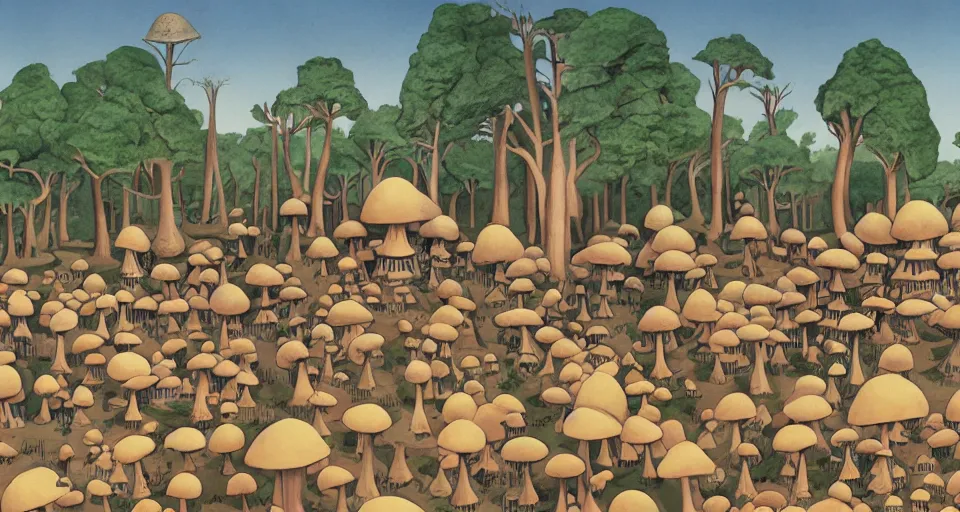 Image similar to A tribal village in a forest of giant mushrooms, by Charles Addams