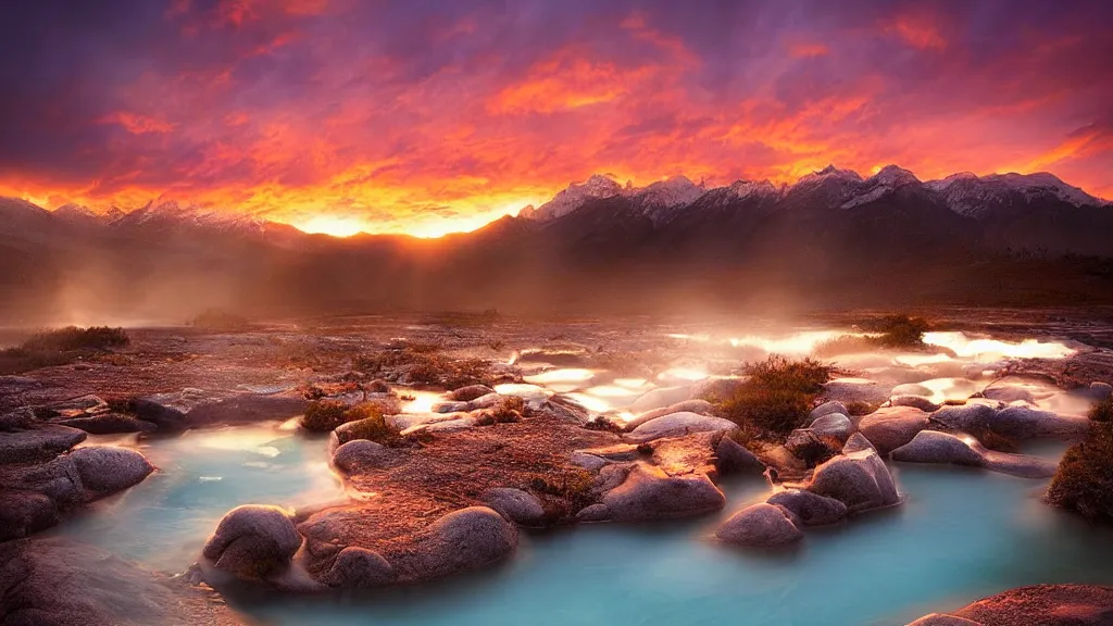 Image similar to amazing landscape photo of hot springs in sunset by marc adamus, beautiful dramatic lighting
