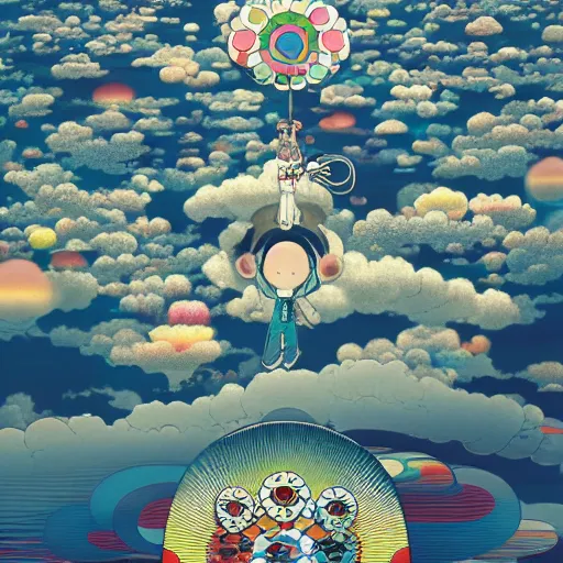 Image similar to a man walking on clouds away from the camera above kyoto by takashi murakami, beeple and james jean, aya takano color style, 4 k, super detailed, modern, 4 k, symmetrical