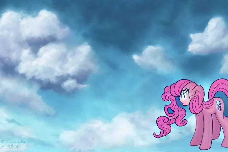 Prompt: Giant Pinkie Pie pokes her head through the clouds, digital art