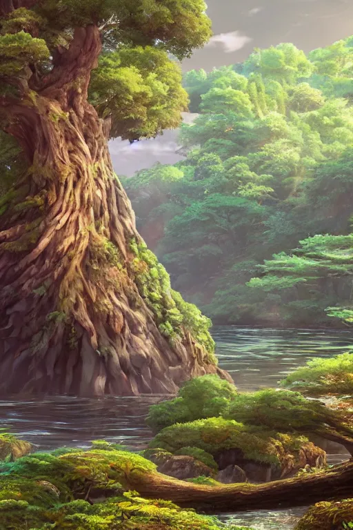 Prompt: shimmering river flowing through a giant ancient tree, serene evening atmosphere, soft lens, soft light, cel - shading, animation, in the style of cgsociety, deviantart, artstation, zbrush, cinema 4 d, studio ghibli, akihiko yoshida, atelier lulua, masamune shirow