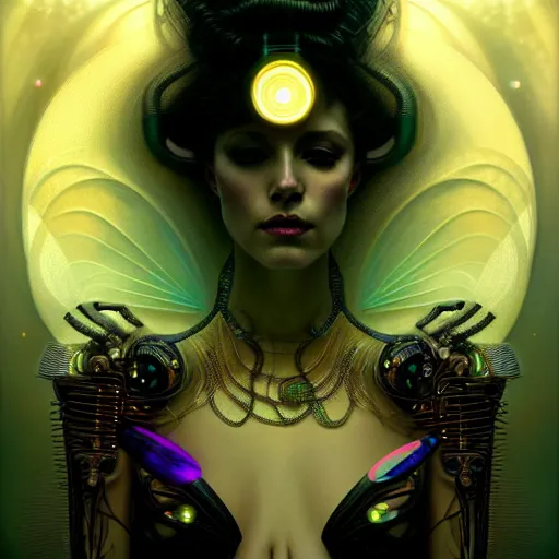 Image similar to extremely psychedelic beautiful cyborg queen of lsd infected by night. intricate, elegant, highly detailed, extremely lifelike photorealistic digital painting, artstation. steichen, gaston bussiere, tom bagshaw, cyberpunk alphonse mucha. elegant minimalism. anatomically correct. sultry. sharp focus. black. surreal lush hallucination