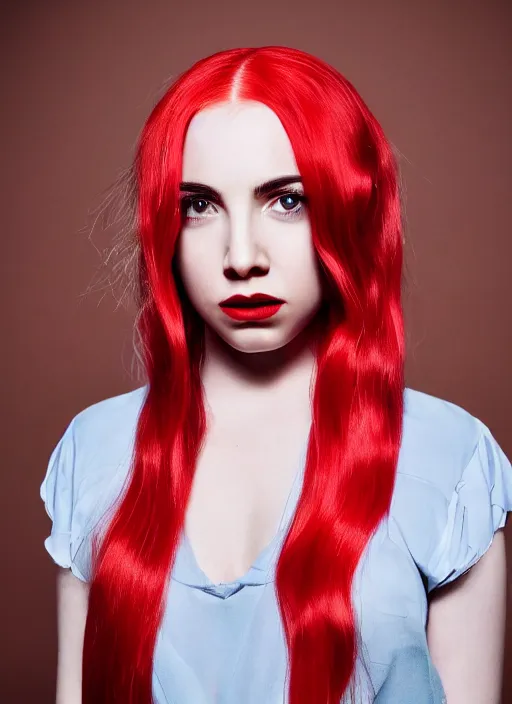 Image similar to ava max bright red hair photographed by charlotte rutherford, canon, highly realistic. high resolution. highly detailed. dramatic. 8 k. 4 k.