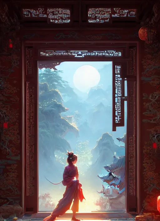 Image similar to Highly detailed chinese door, Stephen Bliss, unreal engine, fantasy art by Greg Rutkowski, Loish, Rhads, Makoto Shinkai and Lois van baarle, ilya kuvshinov, rossdraws, Tom Bagshaw, global illumination, radiant light, detailed and intricate environment