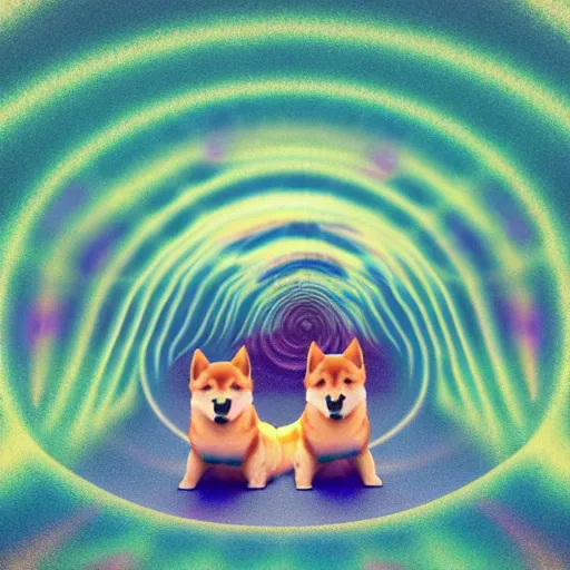 Image similar to two shiba inu in the psychedelic dmt fourth dimensional tunnel, octane 3 d render