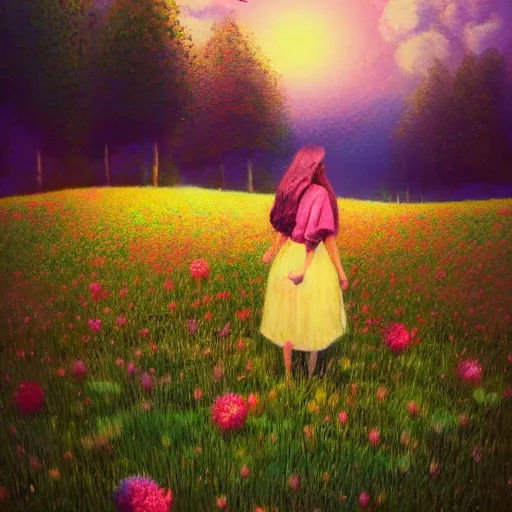 Image similar to girl with an blooming flower face, surreal photography, dream, standing in flower field, hills, valley, forest, sunrise dramatic light, impressionist painting, colorful clouds, digital painting, pointillism, artstation, simon stalenhag