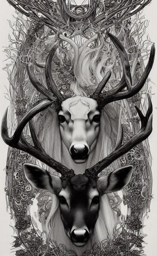 Image similar to black and white deer, with highly detailed with red flowers, long flowing mane and tail, ultra high detail, symmetry, in a hellscape, detail art style of alfons maria mucha, and peter mohrbacher atyles god lighting