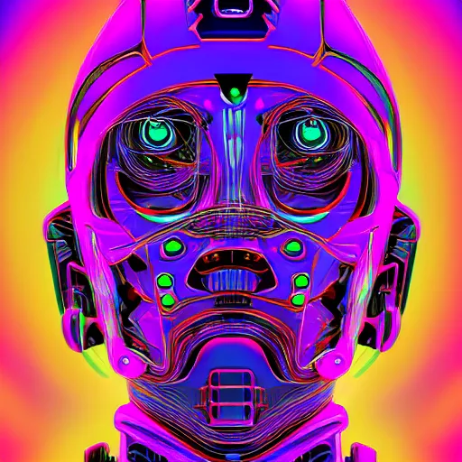 Image similar to hyperdetailed portrait of a psychedelic cyberpunk robot head, 8 k, symetrical, halluzinogenic, meditative, vector art, black background