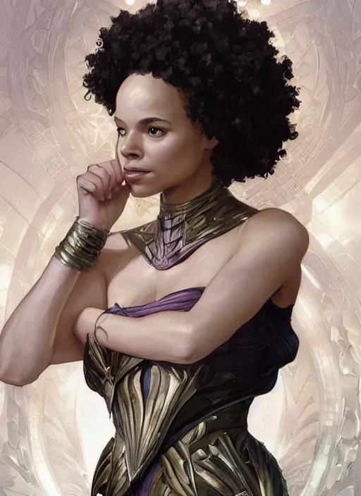 Image similar to full figure ultra realistic illustration, madeleine mantock from charmed second tv show, as marvel enchantress, intricate, elegant, highly detailed, digital painting, artstation, concept art, smooth, sharp focus, illustration, art by artgerm and greg rutkowski and alphonse mucha