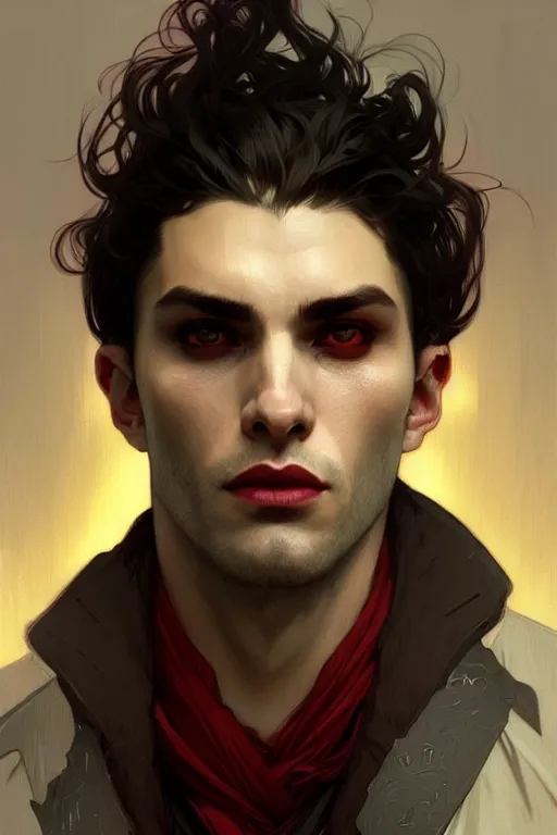 Prompt: portrait of a beautiful young fit male vampire with curly white hairs and yellow eyes, dressed with urban clothes, by greg rutkowski and alphonse mucha, d & d character, gradient white to red, modern nocturnal background, highly detailed portrait, digital painting, artstation, concept art, smooth, sharp focus ilustration, artstation hq