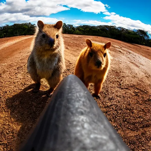 Prompt: a quokka and capybara standing on a motocross track, fisheye lens