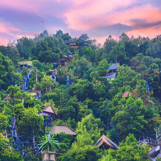 Prompt: professional photo of a tree top town similar to level of donkey kong country, by discovery magazine, real life, photorealistic, blue foggy dusk, soft focus, long exposure