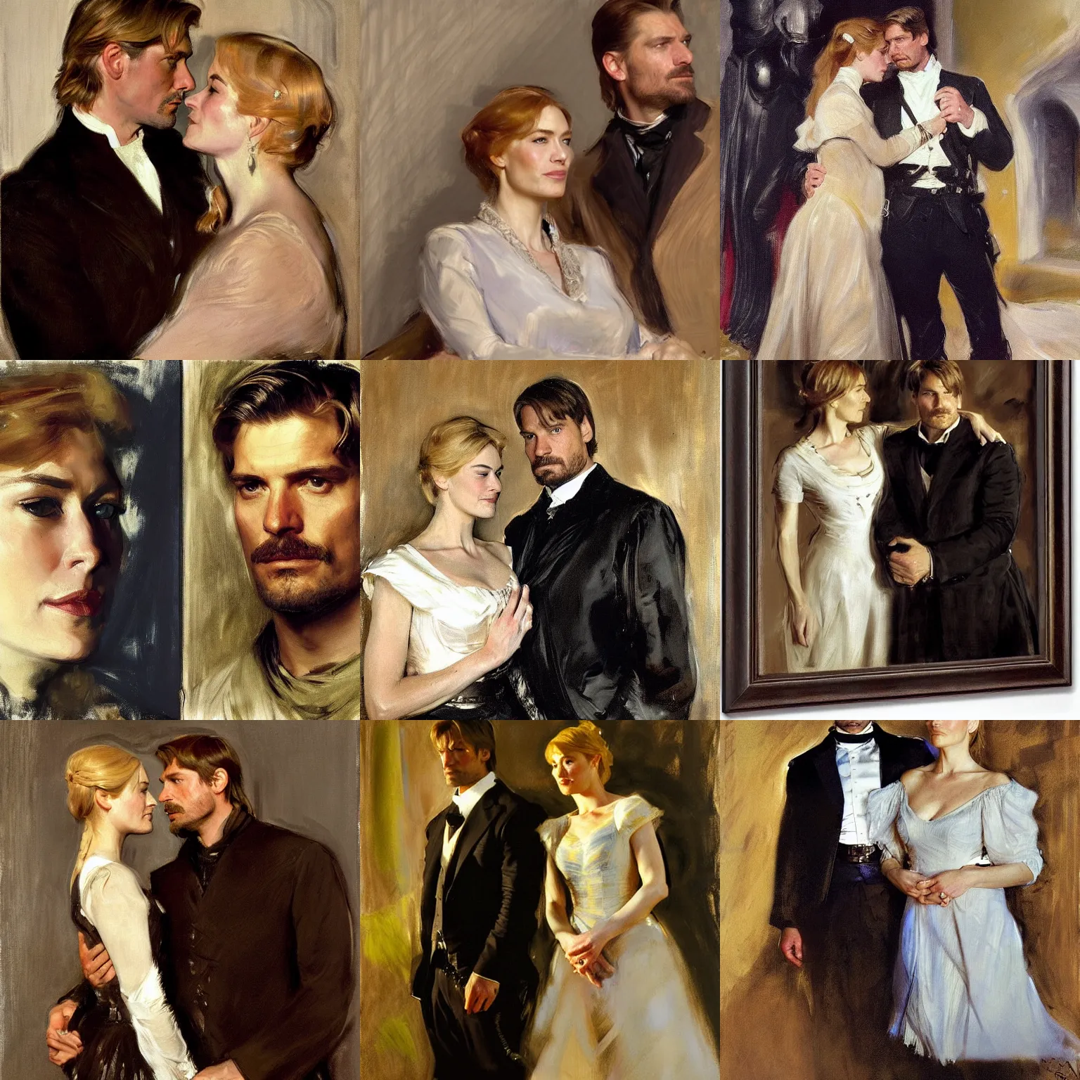 Prompt: portrait jaime lannister and cersei lannister by john singer sargent, anders zorn, joaquin sorolla