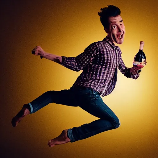Prompt: an elgant detailed portrait of a man boisterously dancing around the room by himself holding an empty wine bottle as he jumps in the air, striking artistic concept, detailed facial expression, fine detail, dramatic lighting, award-winning photo UHD, 4K