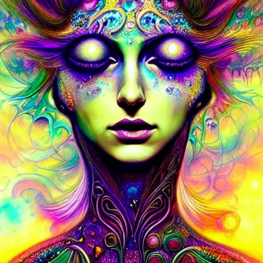 Image similar to An extremely psychedelic crystalline soul fairy, multifaceted, crystals, surreal, dramatic lighting, magic mushrooms, psilocybin, LSD, face, detailed, intricate, elegant, lithe, highly detailed, digital painting, artstation, concept art, smooth, sharp focus, illustration, art by Krenz Cushart and Artem Demura and alphonse mucha