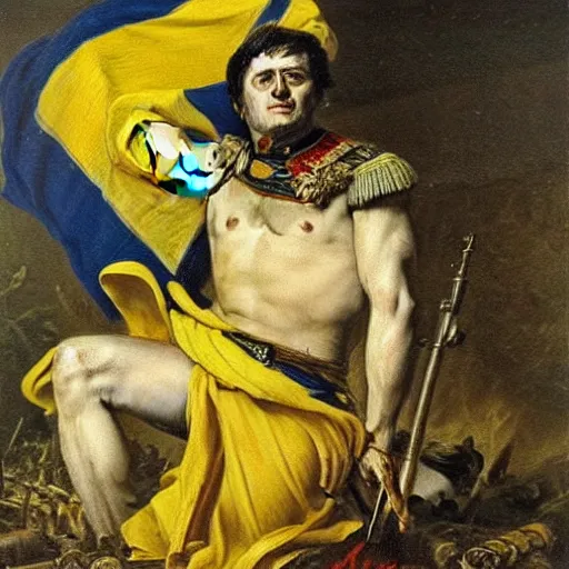 Prompt: Volodymyr Zelensky at war, dressed like Napoleon Bonaparte, sitting on the ground between dead corpses and weeping, holding a half burnt blue and yellow flag of Ukraine, in the style of Anne-Louis Girodet