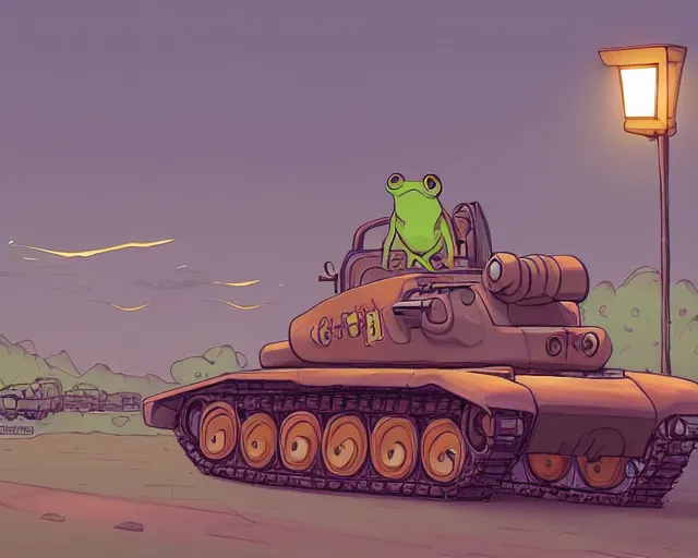 Prompt: a study of cell shaded cartoon of a frog driving a tank on a desert road, street lamps, road, illustration, wide shot, subtle colors, post grunge, concept art by josan gonzales and wlop, by james jean, victo ngai, highly detailed, sharp focus, trending on artstation, hq, deviantart, art by artgem