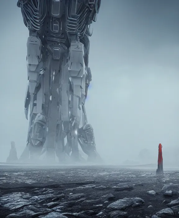 Image similar to surreal covenant deformation mecha tower, futuristic berserk white architecture in the beach in iceland, foggy, highly detailed, digital painting, arstation, concept art, hyperealistic octane render, unreal engine,